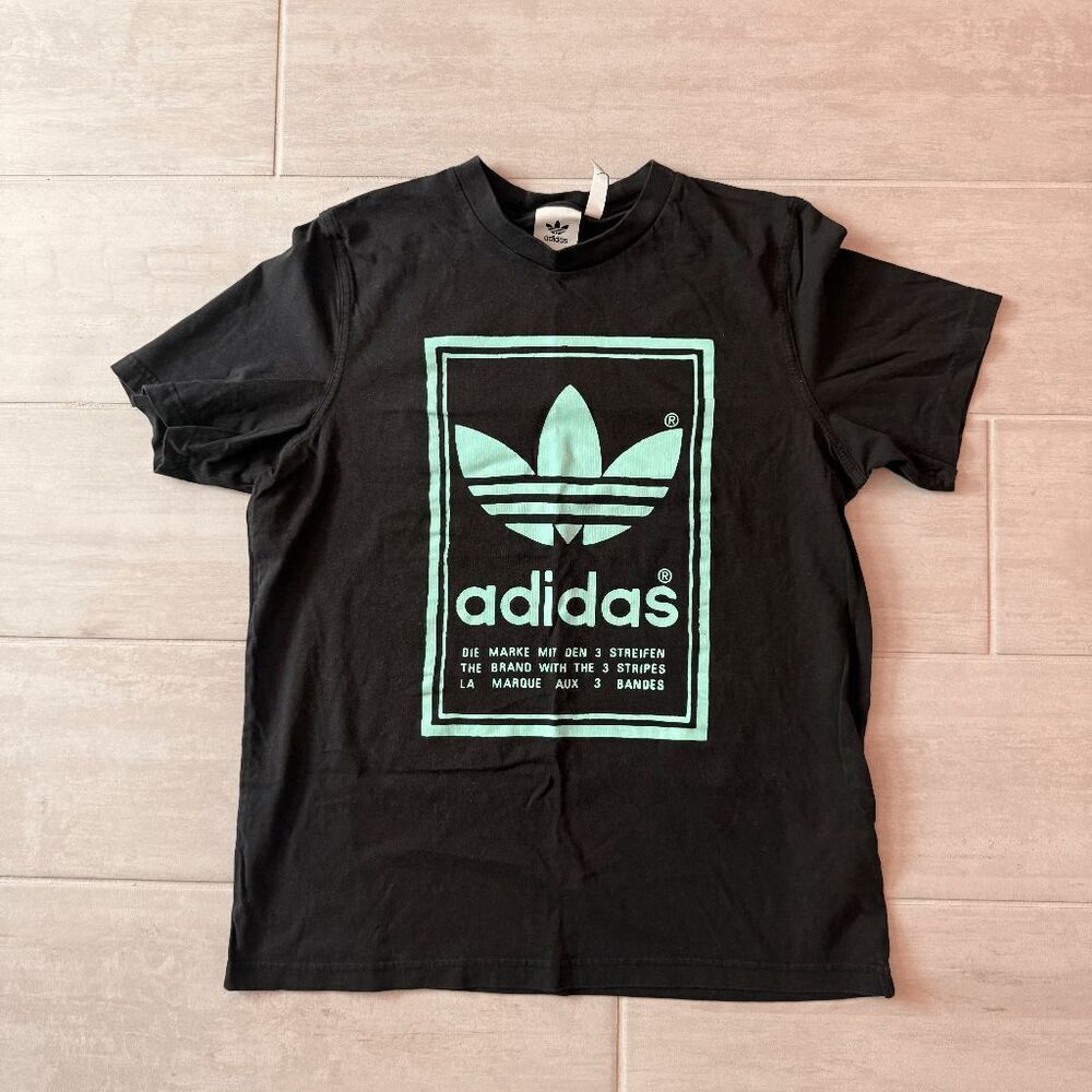 Men's Adidas Tee Short Sleeve Graphic Shirt Black Teal Logo Large Cotton
